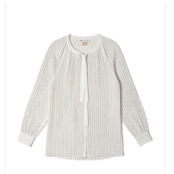 Midnight Velvet Tops - Midnight Velvet Ivory‎ Pleated Tie Neck Long Sleeve Blouse Top Small